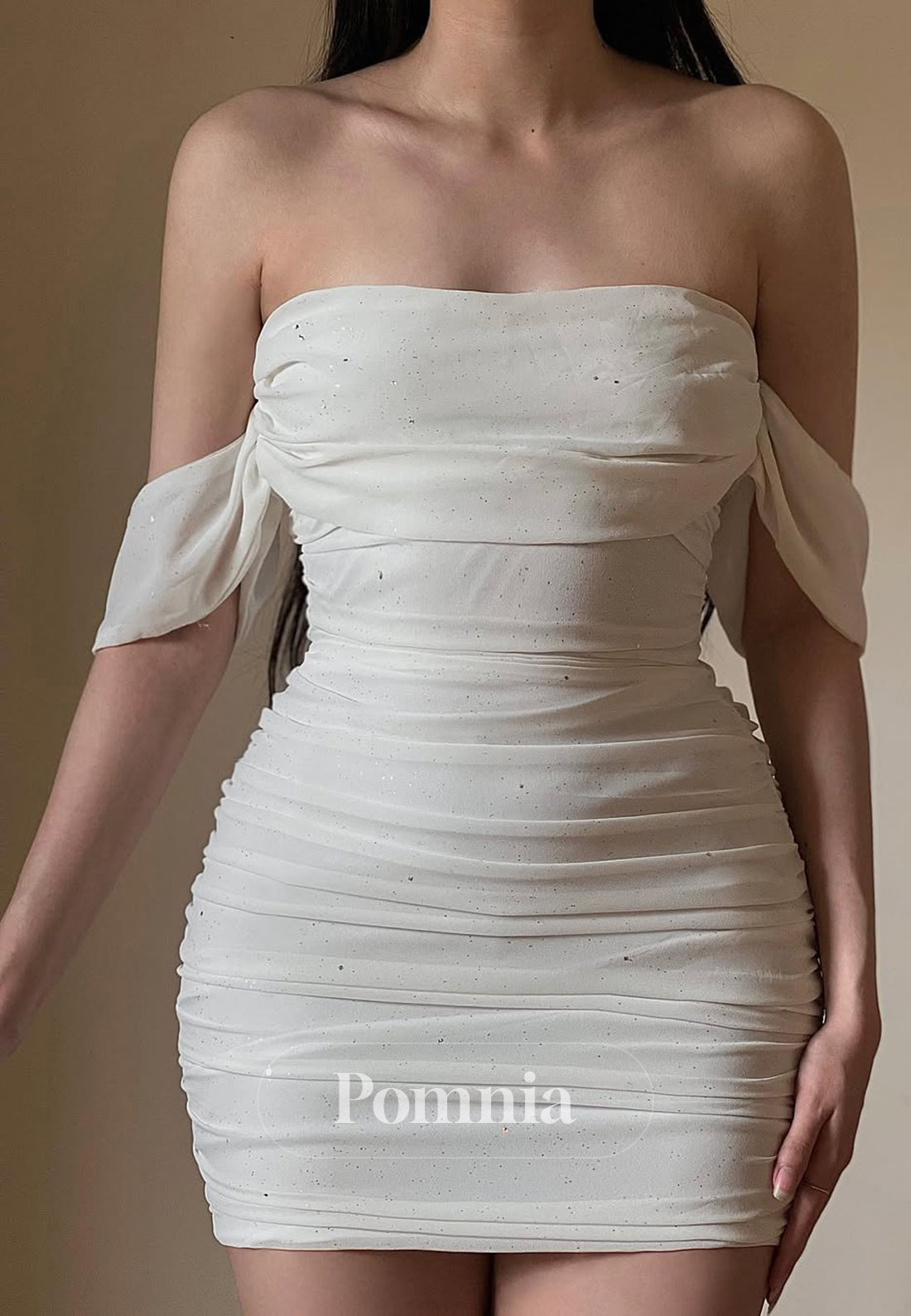 White Off-Shoulder Sleeveless Ruched Homecoming Dress