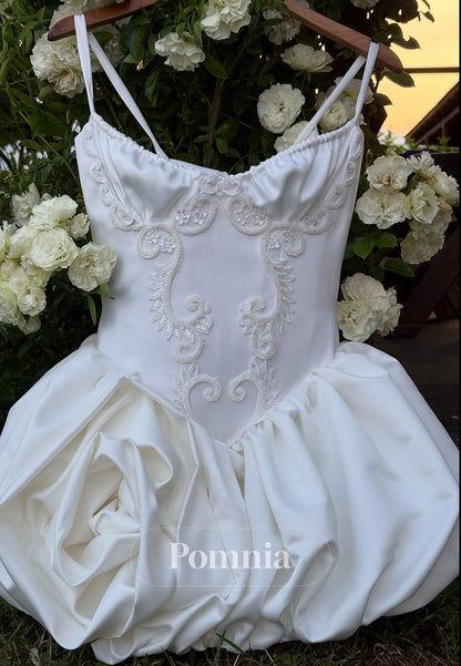 White Spaghetti Straps Scoop Appliques Ruched Homecoming Dress