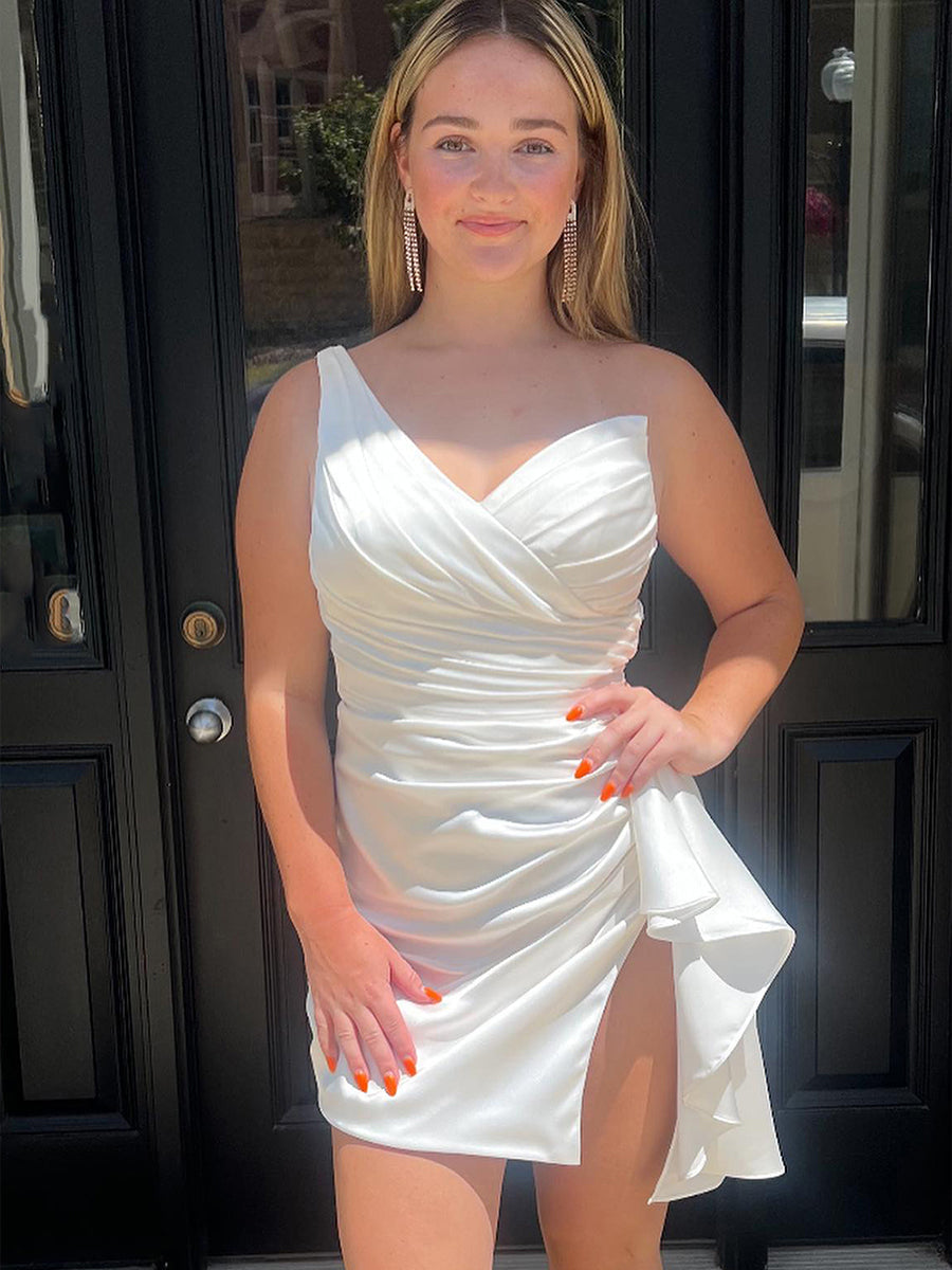 White One Shoulder Ruched Bodycon Short Satin Homecoming Dress with Slit