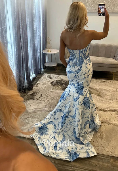 White and Blue Floral Mermaid Strapless Corset Long Prom Dress