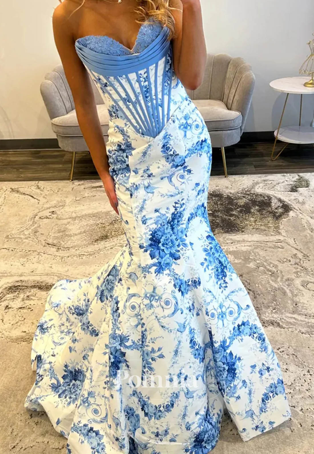 White and Blue Floral Mermaid Strapless Corset Long Prom Dress