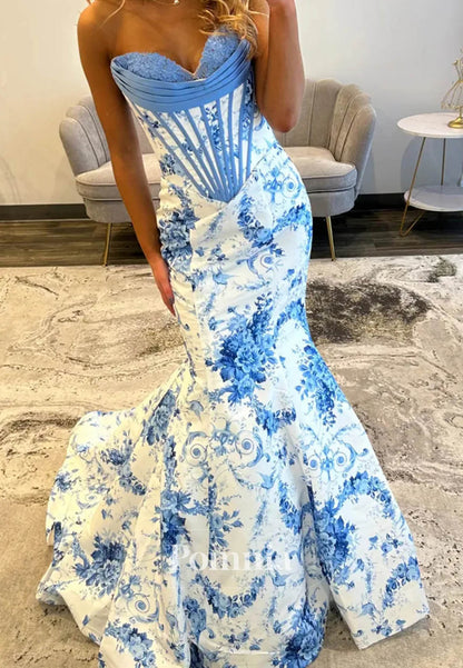 White and Blue Floral Mermaid Strapless Corset Long Prom Dress