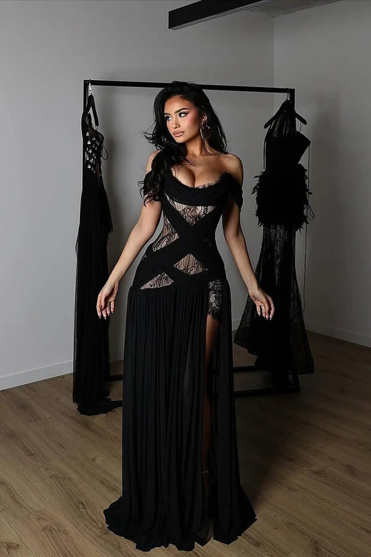 Charming Black Off-The-Shoulder Chiffon Lace Prom Dress