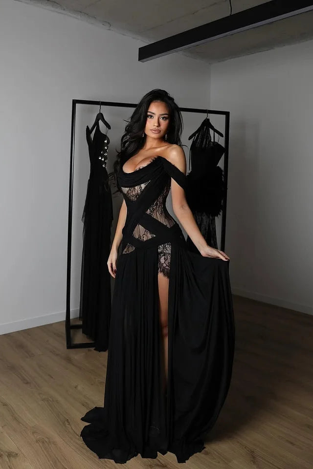 Charming Black Off-The-Shoulder Chiffon Lace Prom Dress