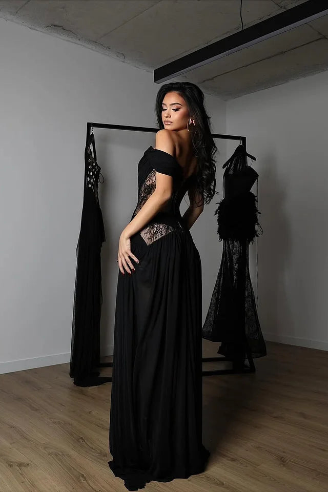 Charming Black Off-The-Shoulder Chiffon Lace Prom Dress