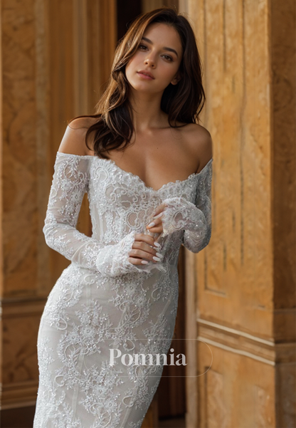 Glamorous Long Sleeves Off-Shoulder Backless Lace Mermaid Wedding Dress