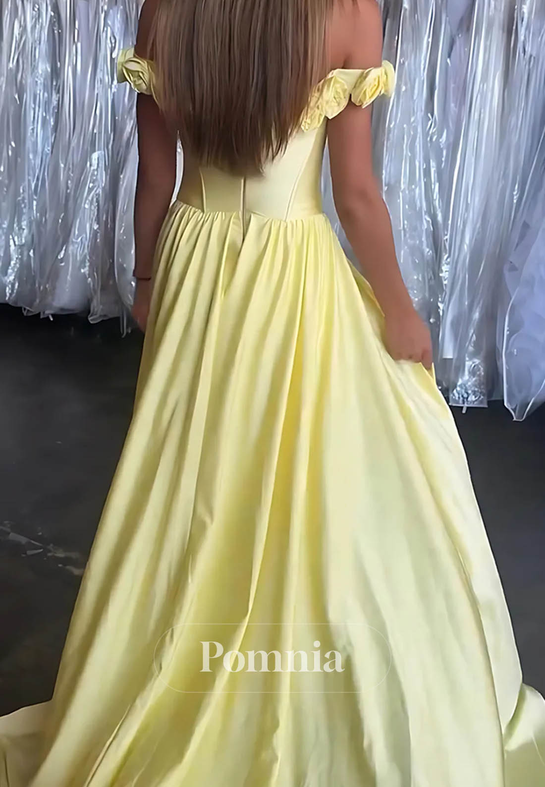 Yellow Floral Satin Off the Shoulder Long Corset Prom Dress