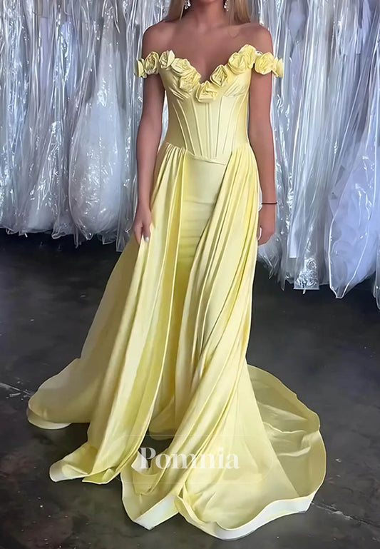 Yellow Floral Satin Off the Shoulder Long Corset Prom Dress