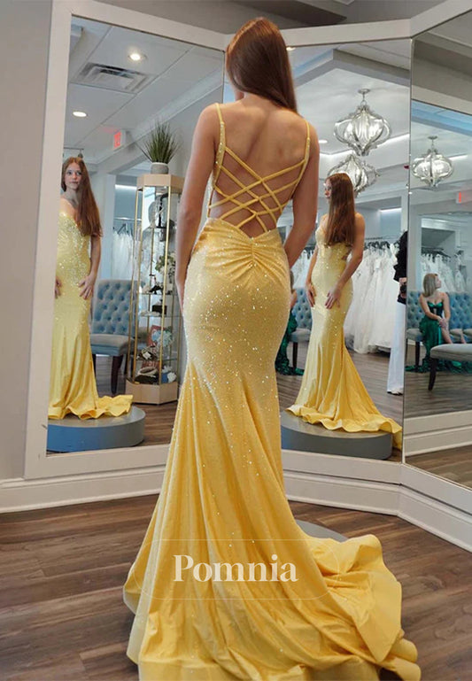 Yellow Mermaid Spaghetti Straps Open Back Beaded Long Prom Dress