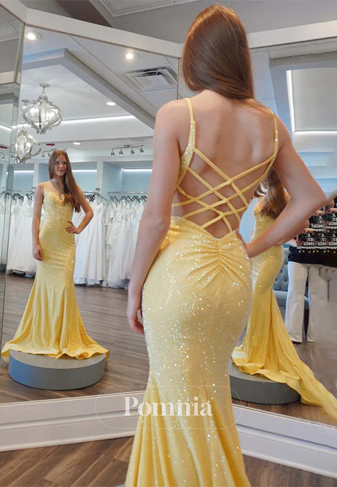Yellow Mermaid Spaghetti Straps Open Back Beaded Long Prom Dress