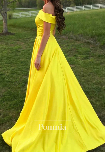 Yellow Off-Shoulder Satin Prom Dress with Pockets Evening Gown