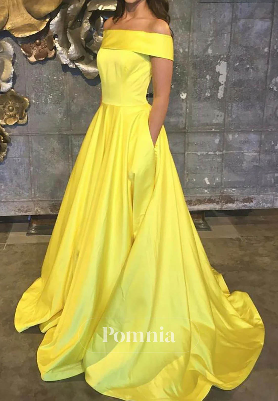 Yellow Off-Shoulder Satin Prom Dress with Pockets Evening Gown