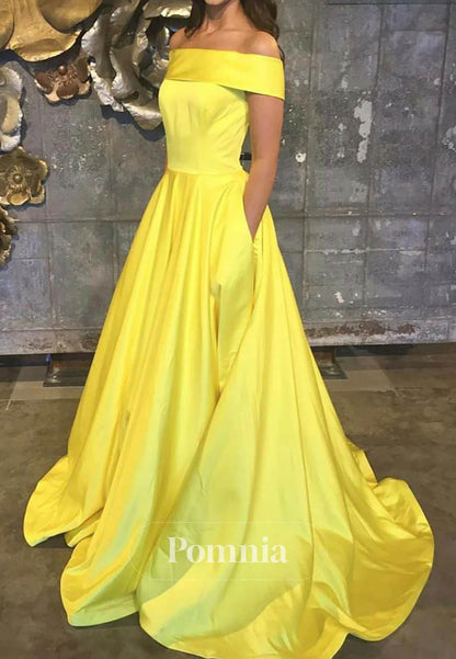 Yellow Off-Shoulder Satin Prom Dress with Pockets Evening Gown