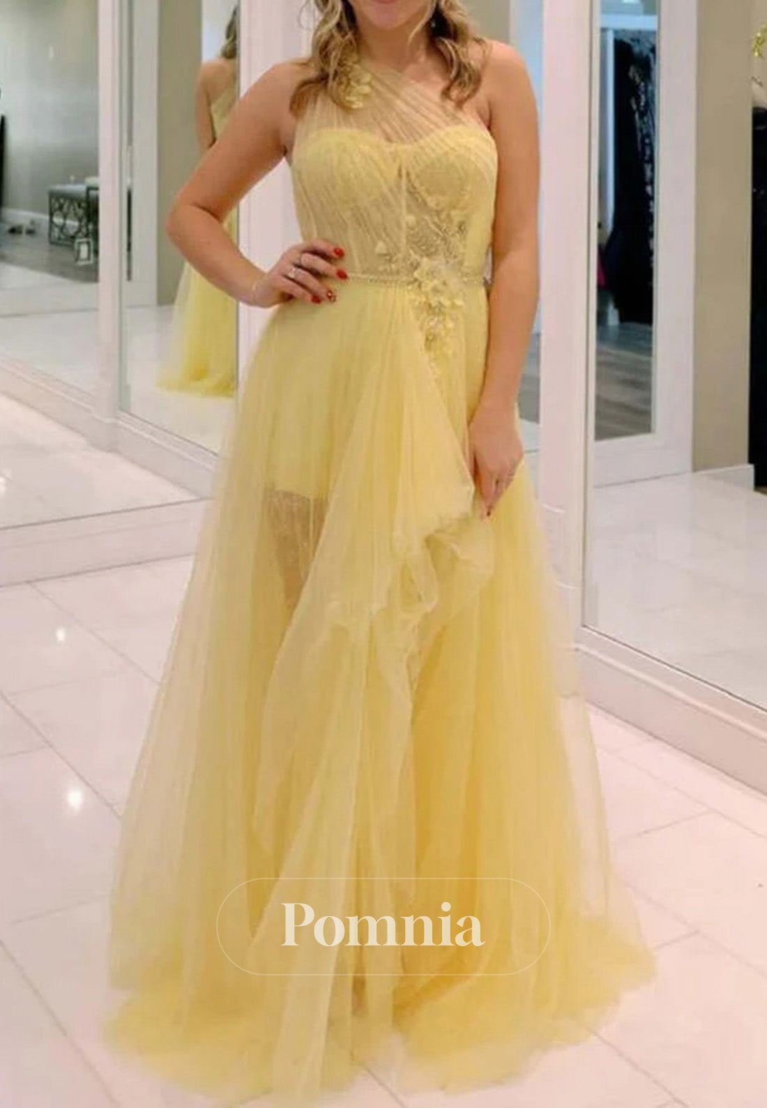 Yellow One Shoulder Tulle Long Prom Homecoming Dress with Flowers