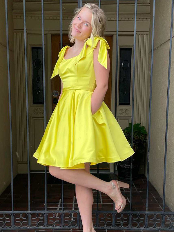Yellow A-Line Bow-Strap Short Homecoming Dress