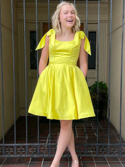Yellow A-Line Bow-Strap Short Homecoming Dress
