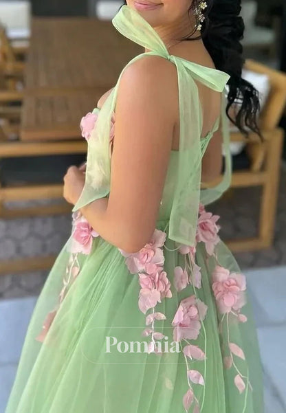 A-Line Spaghetti Straps Sweetheart Floral Appliques Prom Dress