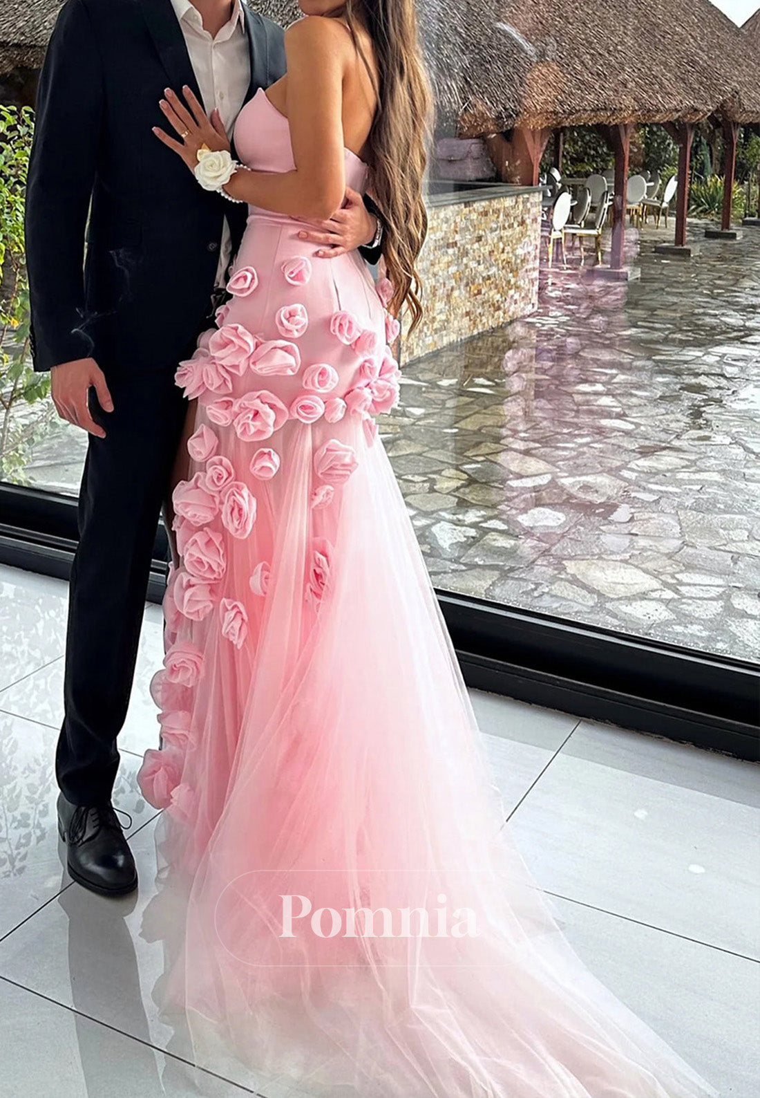 A-Line Sexy Sweetheart Sleeveless Pink Slit Flowers Prom Dress