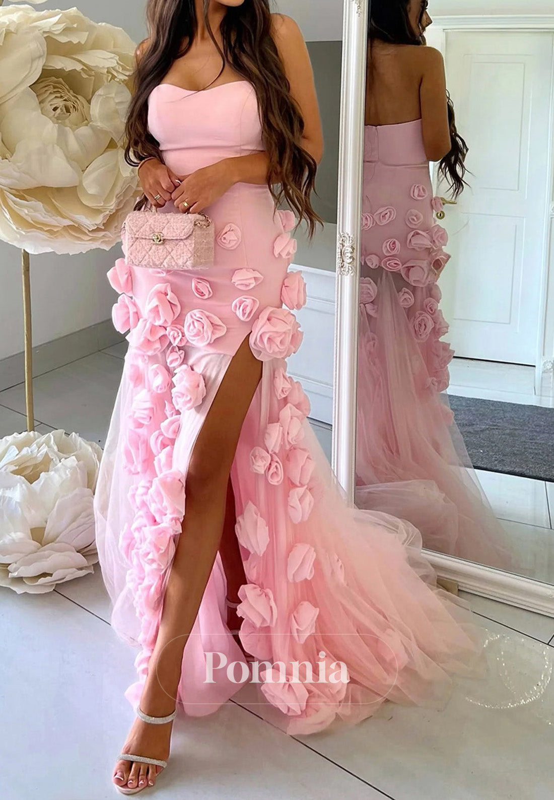 A-Line Sexy Sweetheart Sleeveless Pink Slit Flowers Prom Dress