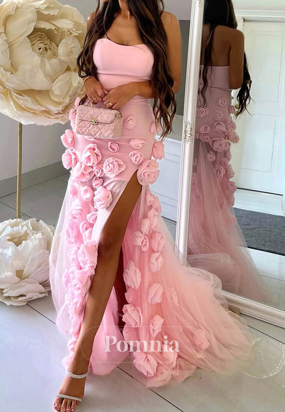 A-Line Sexy Sweetheart Sleeveless Pink Slit Flowers Prom Dress