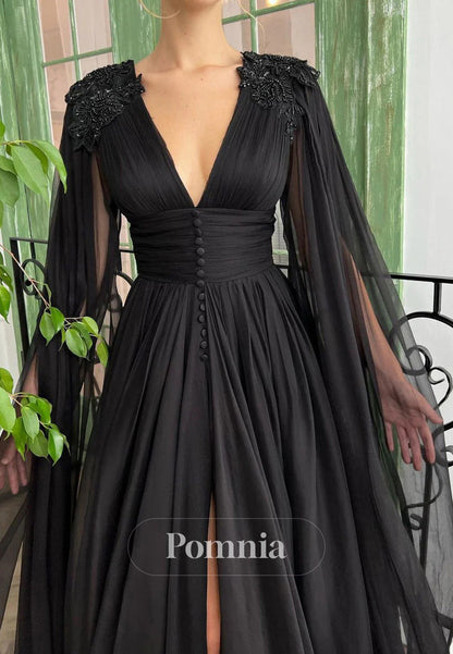 A-Line V-Neck Tulle Floor-Length Long Sleeves Appliques Prom Dress