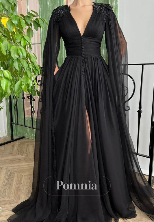 A-Line V-Neck Tulle Floor-Length Long Sleeves Appliques Prom Dress