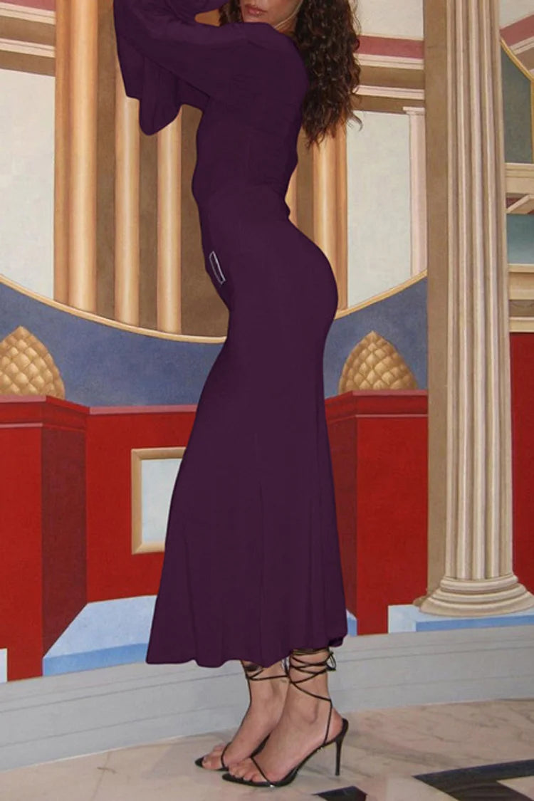 Buckle Decor Asymmetric Bell Sleeve Round Neck Slim Party Maxi Dress