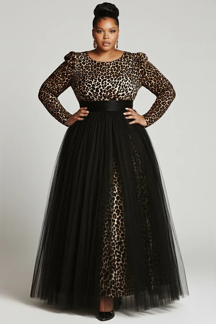 Black Leopard Round Neck Long Sleeve Contrast Elegant Tulle Maxi Dress