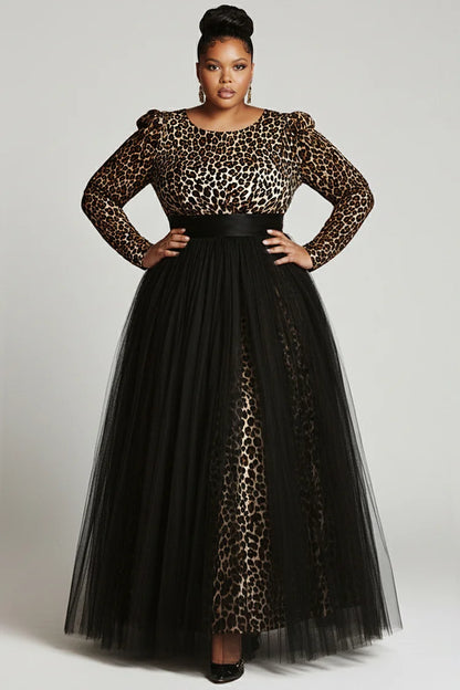 Black Leopard Round Neck Long Sleeve Contrast Elegant Tulle Maxi Dress