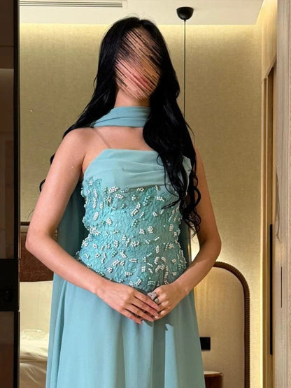 Strapless Beaded Sleeveless A-Line Side Shawl Evening Dress