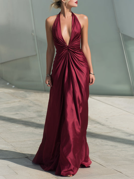 Stunning Halter Neck Burgundy Evening Gown