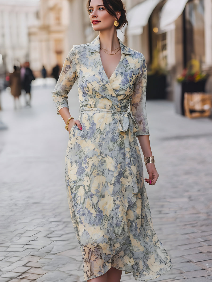 Floral Chiffon Wrap Midi Dress