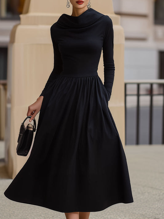 Sleek Black Cowl-Neck Long-Sleeve Midi Dress
