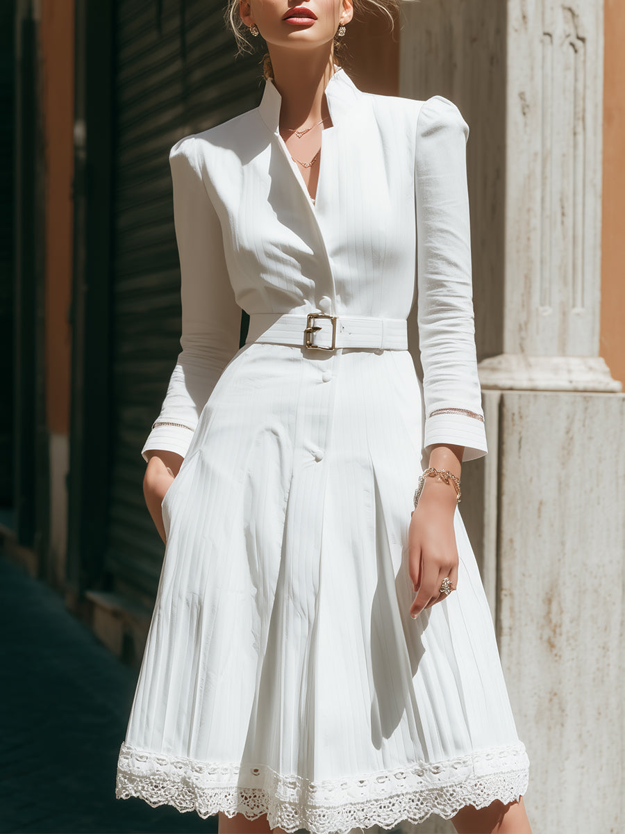 Elegant White Pleated Shirt Dress with Belt