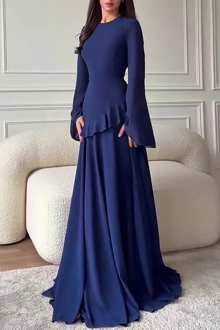 Round Neck Flare Sleeve Ruffled Solid Color Maxi Dresses
