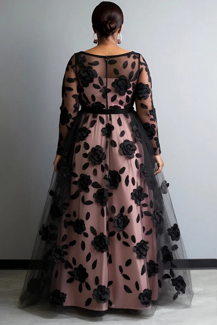 Mother Of The Bride Black Round Neck Long Sleeve Lace Maxi Dress