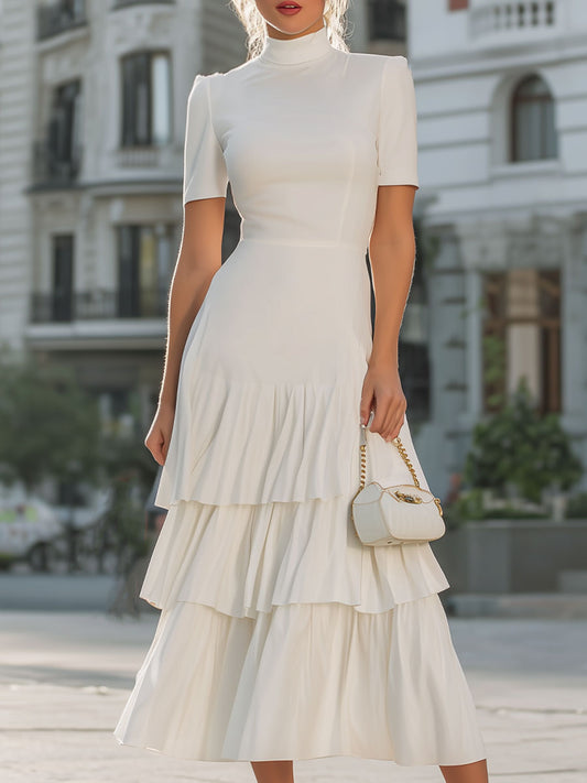 Timeless Ivory Turtleneck Tiered Midi Dress