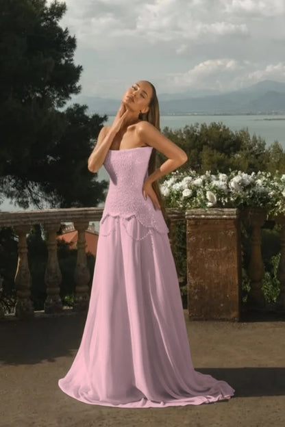 Chiffon Strapless Sleeveless Long A-Line Prom Dress With Beadings And Pearls