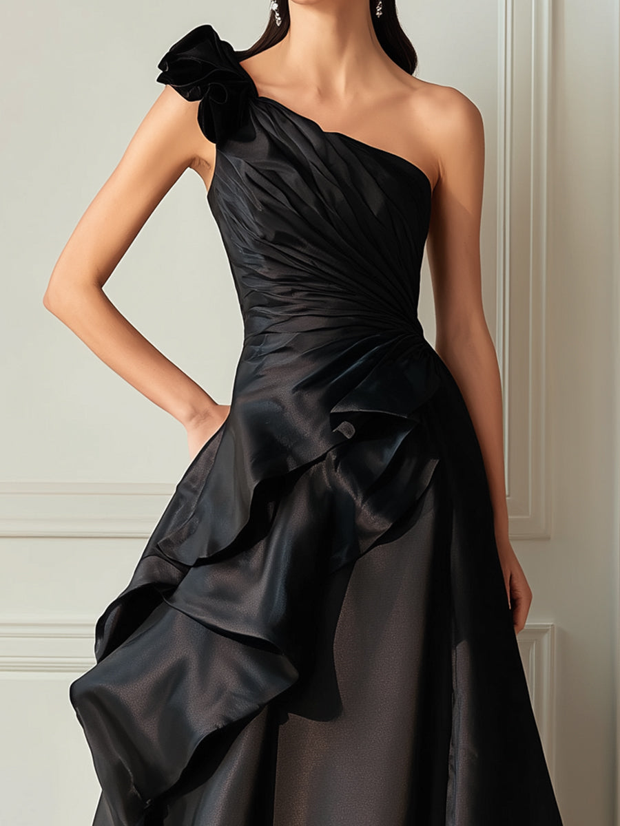 Black One-Shoulder Sculpted Ruffle Gown