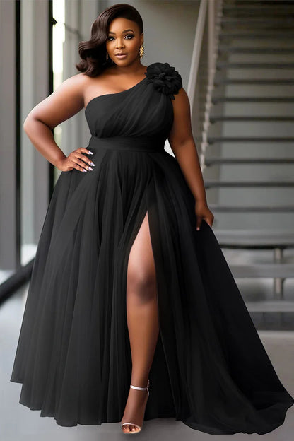 Purple Elegant Oblique Collar 3D Split Tulle Maxi Dresses