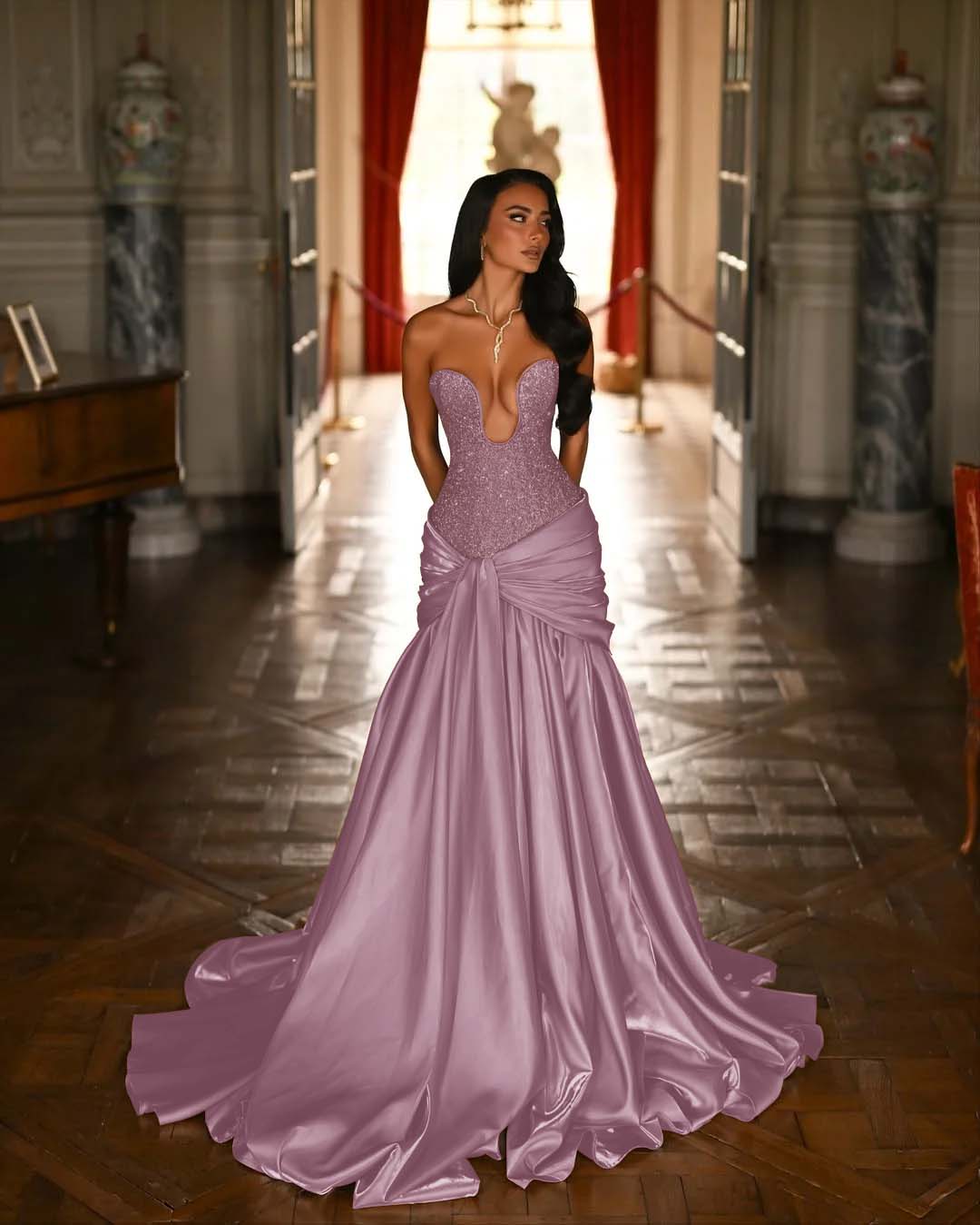 V-Neck Strapless Sleeveless Long Pleated Mermaid Prom Dress With Ruffles And Beadings