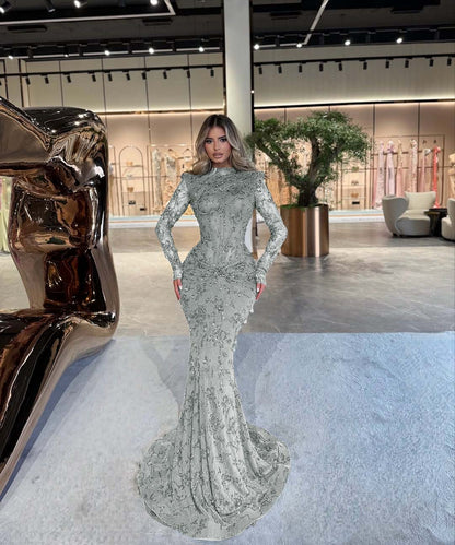 High Neck Long Sleeves Long Mermaid Prom Dress With Beading Pleated