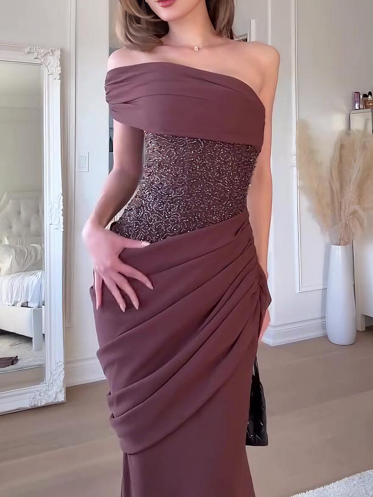 Tube Top Sleeveless Mermaid Formal Gowns Sleeveless Beaded Satin Pleated Evening Dress