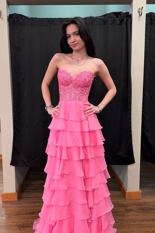 A Line Sweetheart Pink Chiffon Tiered Prom Dress
