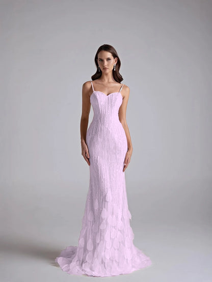 Spaghetti Straps Sleeveless Long Mermaid Prom Dress With Petals And Sequins