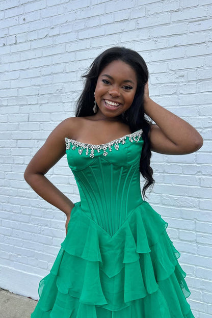 A Line Scoop Neck Green Chiffon Tiered Prom Dress with Beading