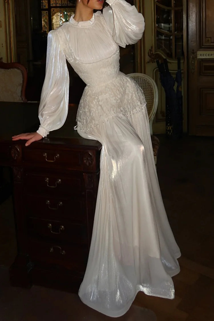 Flower Embroidery Beaded Tassel Pleated Party Maxi Dress