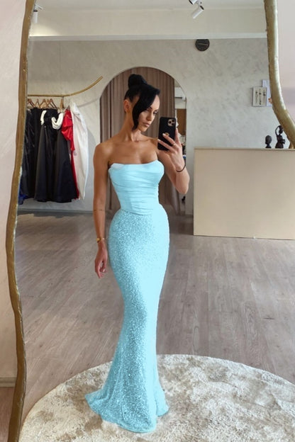 Strapless Sleeveless Long Mermaid Prom Dress With Sequin Pleated