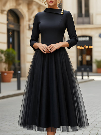 Satin And Tulle A-Line Midi Dress With Gold Button Detail