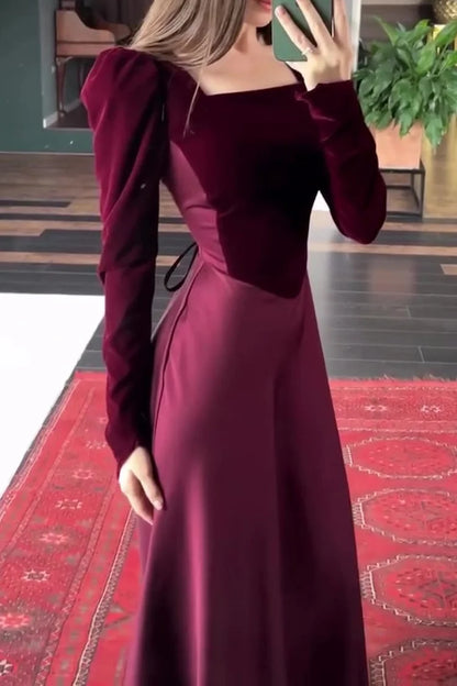 Color Matching Square Neck Patchwork Lace Up Maxi Dresses